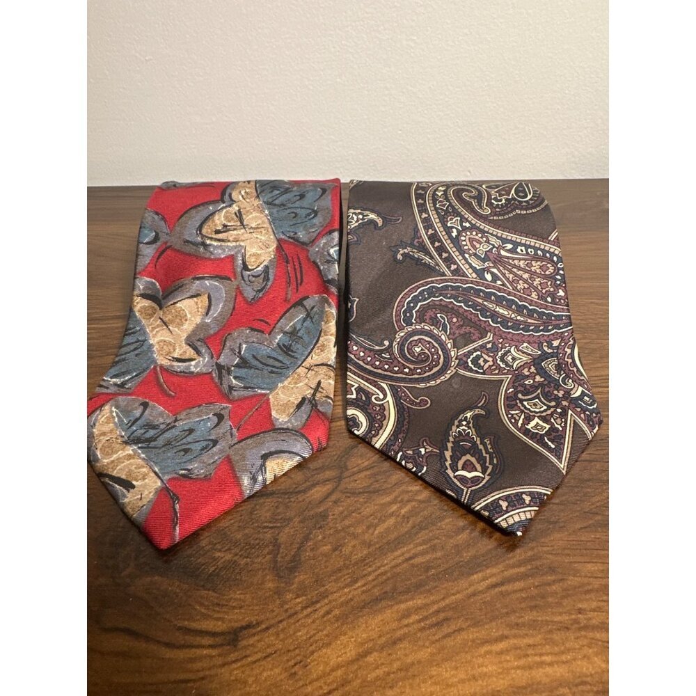 Christian Dior Monsieur All Silk Ties Set Of 2 - Red & Brown Floral/Paisley Patt